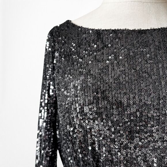 Vintage Y2K Black Long Sleeve Sequin Knee Length Tied Waist Dress Size M - Picture 7 of 7